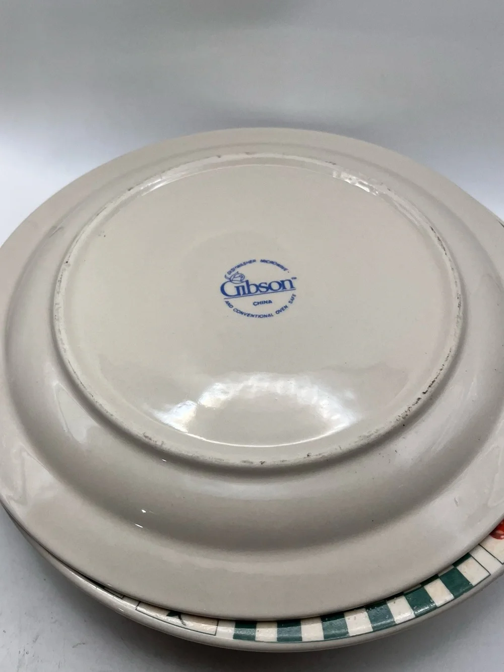 Gibson Cream Dinner Plate with Green Check Rim and Fruit Basket